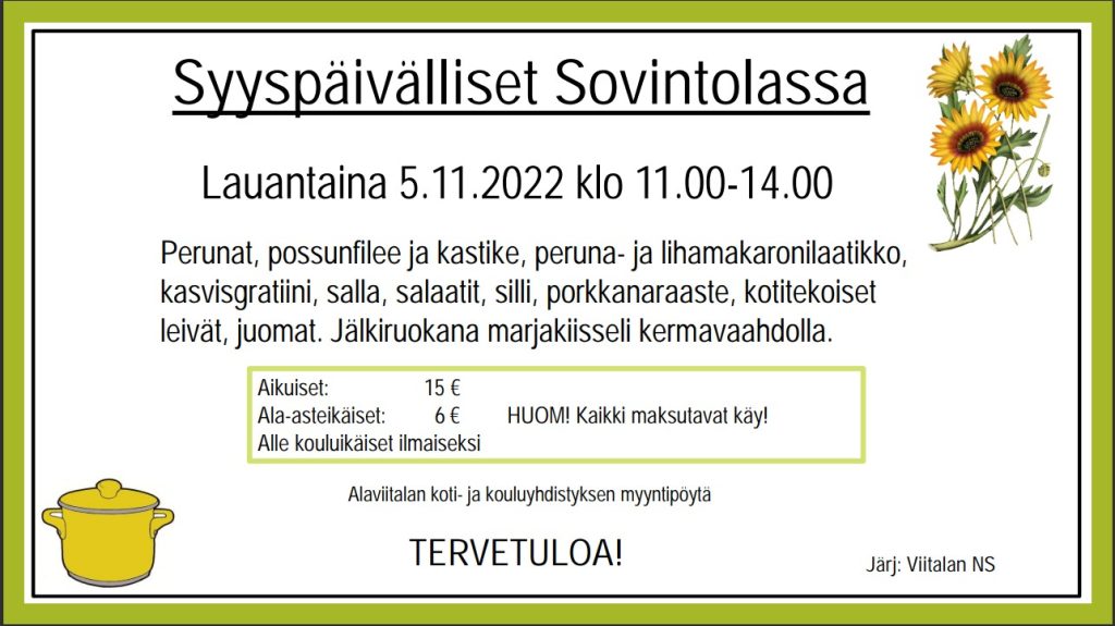 Syyspäivälliset Sovintolassa – Peräseinäjoen Viitalan Nuorisoseura Ry